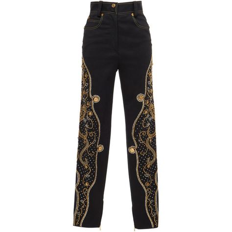 Versace Stud Embellished Pants (171,075 THB) ❤ liked on Polyvore featuring pants, versace, black, straight leg pants, studded pants, versace trousers and straight leg trousers Versace Clothes, Studded Pants, Versace Pants, Versace Fashion, Versace Outfit, Pants Straight Leg, Kpop Fashion Outfits, Straight Leg Trousers, Kpop Outfits