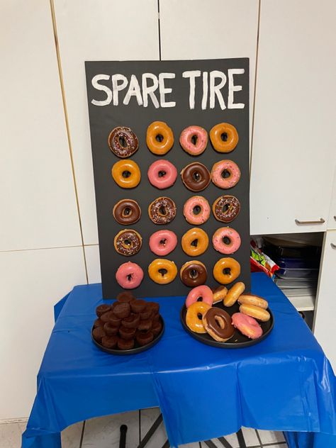 Spare Tire Donut Wall, Monster Truck Donut Party, Wheelies And Donuts Birthday, Levi Birthday, Donut Bar, Monster Trucks Birthday Party, Cars Theme Birthday Party, Truck Birthday, Donut Wall