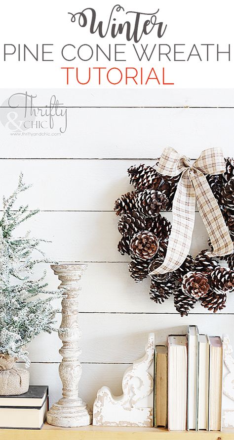 January Door Decorations, Farmhouse Wreath Diy, Cheap Christmas Wreaths, White Spaces, Pine Cone Wreath, Winter Door Decorations, Diy Christmas Wreath, Cone Wreath, Diy Christmas Decor