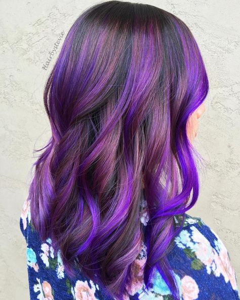 Purple And Electric Blue Balayage Ash Purple Hair Balayage, Purple Hair Balayage, Ash Purple Hair, Blue Balayage, Purple Balayage, Purple Ombre Hair, Caramel Balayage, Hair Color Purple, Hair Balayage