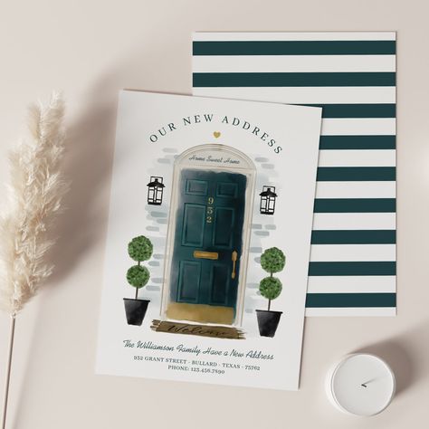 Hunter Green Front Door, Watercolor Door, Moving Announcement Postcard, Green Front Doors, New House Announcement, Moving Announcement, Quirky Illustration, Black Outdoor Wall Lights, Moving Announcements