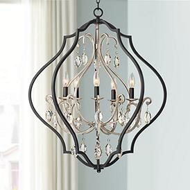 Clara 27" Wide Black and Antique Silver 5-Light Chandelier Entry Chandelier, Oval Chandelier, Entryway Chandelier, Bronze Pendant Light, Metal Drum, Foyer Chandelier, Foyer Lighting, Silver Chandelier, Amber Crystal