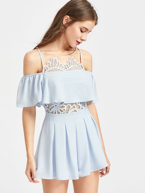 Shop Cold Shoulder Lace Insert Frill Playsuit online. SheIn offers Cold Shoulder Lace Insert Frill Playsuit & more to fit your fashionable needs. Cold Shoulder Styles, Cold Shoulder Lace, Ruffle Jumpsuit, Light Dress, Beauty Clothes, Lace Romper, Lace Insert, Formal Style, Blue Lace