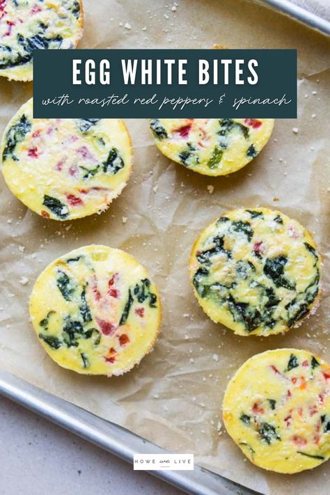 The perfect copycat Starbucks egg white bites recipe! With roasted red peppers and sauteed spinach, these baked egg bites are high in protein and packed with flavor. Light and fluffy, just like traditional sous-vide egg bites, but made in the oven, you will love this nutritious start to your day! Spinach And Bell Pepper Egg Bites, Spinach Egg White Bites, Eggbite Recipes Oven, Fluffy Egg Bites, Starbucks Egg White Bites Recipe, Baked Egg Bites, Healthy Egg Bites, Egg White Bites Recipe, Starbucks Egg White Bites