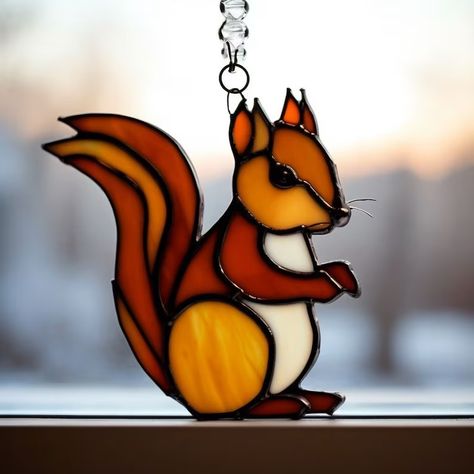 Stained Glass Animal Patterns, Stained Glass Autumn, Fox Stained Glass Patterns, Animal Stained Glass Patterns, Stained Glass Squirrel, Tiffany Stained Glass Patterns, Stained Glass Animals, Stained Glass Fall, Window Wall Hanging