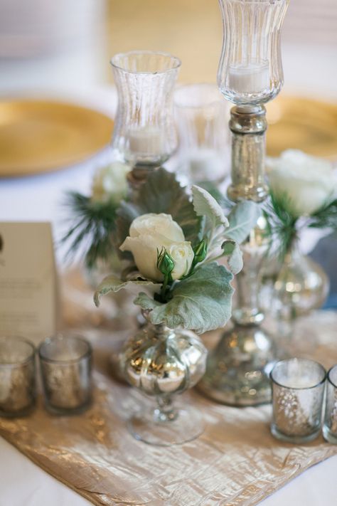 Glamorous Winter Wedding with Gold and Silver Hues Simple Floral Centerpieces, Wedding Rehearsal Dinner Decorations, Gold Winter Wedding, Silver Wedding Decorations, Glamorous Decor, Winter Arrangements, Silver Centerpiece, White Winter Wedding, Elegant Winter Wedding