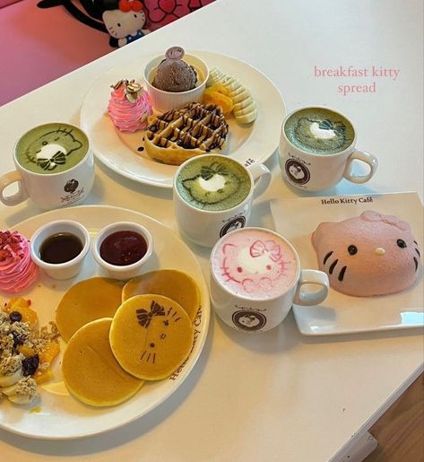 Sanrio Breakfast, Hello Kitty Breakfast, Sanrio Cafe, Hello Kitty Food, Sanrio Food, Kitty Treats, Traveling Ideas, Phone Customization, Kitty Photos