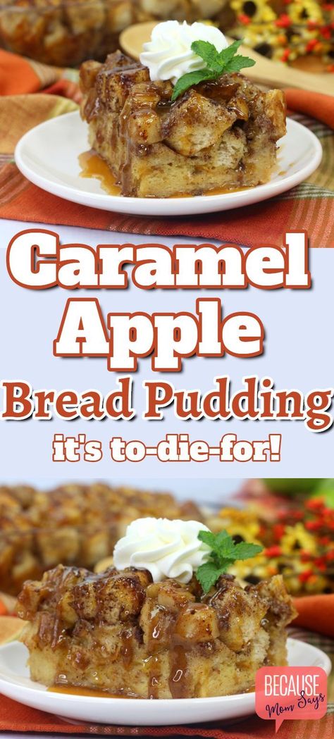 This delicious fall dessert is going to be a hit in your kitchen. Simple to make, this easy recipe for Caramel Apple Bread pudding is the perfect dish to take to a potluck or make for the family! Easy desserts don't get tastier than this. #caramelapplebreadpudding #breadpudding #caramel #caramelapples #recipes #desserts Caramel Apple Bread Pudding, Caramel Apple Bread, Apple Bread Pudding Recipe, Bread Pudding Dessert, Recipe For Caramel, Apple Bread Pudding, Caramel Recipe Easy, Keto Pudding, Puding Roti