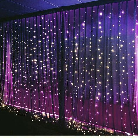 Fairy Lights Bedroom Wall, Fairy Light Wall, Draping Backdrop, Wall Draping, Entrance Walls, Backdrop Event, Light Walls, Wall Drapes, Purple Lights