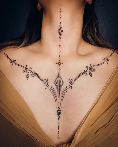 40+ Sternum Tattoo Designs: A Guide To Mandala, Sunflower & More Chest Neck Tattoo, Mandala Sunflower, Sternum Tattoo Design, Symmetrical Tattoo, Necklace Tattoo, Throat Tattoo, Neck Tattoos Women, Chest Tattoos For Women, Chest Piece Tattoos