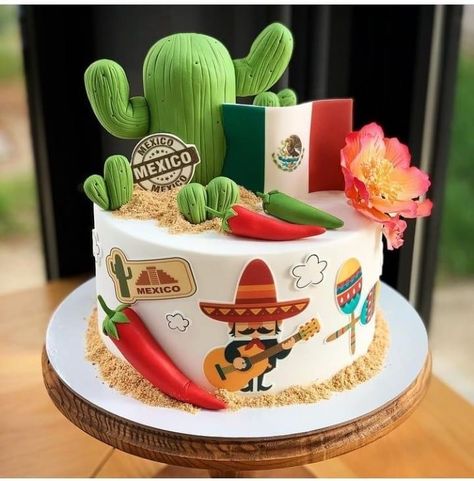 Mexican Themed Cakes, Mexican Fiesta Cake, Mexican Theme Baby Shower, Mexican Cake, Mexico Party, Chef Cake, Mexican Birthday Parties, Fiesta Cake, Travel Cake