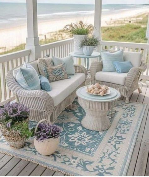 Coastal Balcony, Balcony Setup, Beach Porch, Coastal Patio, Compact Furniture, Minimal House, Coastal Summer, Summer Patio, Dream Beach Houses