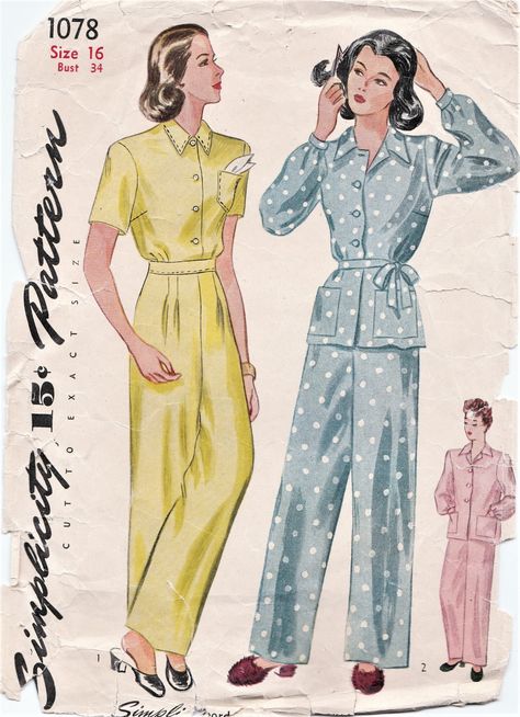 Pajama Sewing Pattern, Wwii Fashion, Vintage Pajamas, Silky Pajamas, Pajama Pattern, Collared Top, Vintage Nightgown, Vintage Wardrobe, Simplicity Patterns