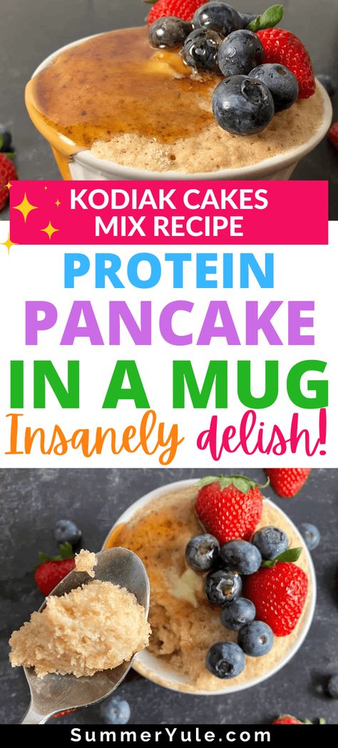 Learn to make a protein pancake in a mug! This Kodiak Cakes mug cake recipe is the ultimate easy breakfast hack for lazy weekend mornings. You’ll get tips on making a protein-packed Kodiak pancake in a mug, as well as how to make pancakes in microwave that are vegan and gluten free. You’ll love this 1 minute, 1 cup pancake recipe that’s thick yet fluffy, and perfect with a variety of pancake toppings. High Protein Kodiak Pancakes, Kodiak Pancake Mug Cake, Kodiak Cake Mug Recipe, Protein Pancake Mix Recipe Ideas, Diy Kodiak Pancake Cup, Kodiak Cake Mug Cake, Kodiak Microwave Pancake, Kodiak Pancake Mix Recipes Microwave, Pancake In A Cup