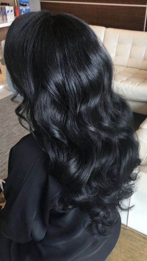 Black Beach Waves Hair, Black Curled Hair, Long Black Hair Extensions, Curled Black Hair, Jet Black Curly Hair, Soft Black Hair Color, Matte Black Hair, Glossy Black Hair, Pitch Black Hair