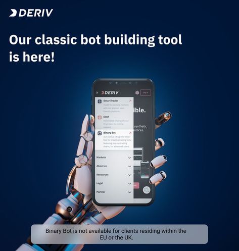 Same look, same feel, new home. Build a trading bot with Binary Bot by dragging and dropping blocks or loading your strategy. Try it now → https://deriv.link/3qqfwZu #Deriv For more info: https://deriv.com. For complete regulatory info: https://deriv.com/regulatory/ Deriv Trading, New Home Build, Binary Trading, Trading Bot, Financial Markets, World Market, New Home, Marketing, Feelings