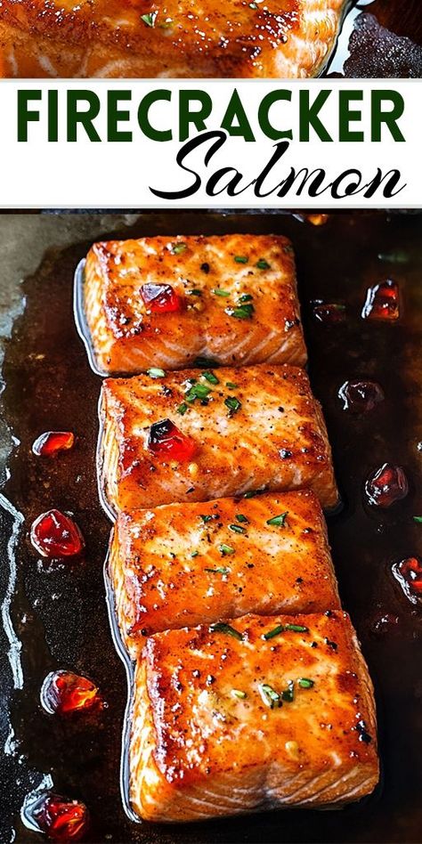 Turn up the heat with this Spicy Firecracker Salmon 🌶️🔥! This bold, flavorful recipe combines a sweet and spicy glaze for a meal that’s as delicious as it is easy to make. Perfect for dinner parties or weeknight meals, it’s a quick way to elevate your salmon game! Try it tonight! #FirecrackerSalmon #SpicyRecipes #SalmonLovers #EasyDinnerIdeas #SeafoodRecipes #HealthyEating Fire Cracker Salmon, Fresh Salmon Recipes, Firecracker Salmon Recipes, Spicy Salmon Recipes, Sweet Chili Salmon, Asian Chili, Firecracker Salmon, Asian Chili Sauce, Salmon Recipes Oven