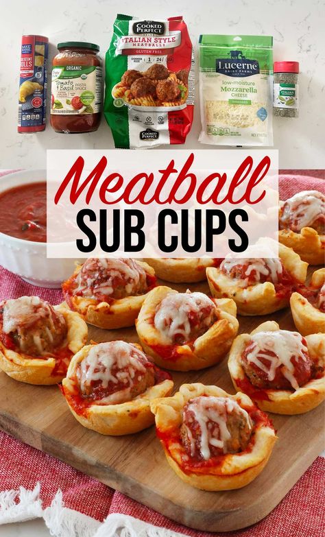 These meatball sub cups are such a fun recipe for individual meatball subs and the perfect appetizer for game days or even a fun way to eat dinner! An easy appetizer using crescent rolls, frozen meatballs, marinara sauce and mozzarella cheese. Made in under 30 minutes! Frozen Meatball Subs Easy, Meatballs Crescent Rolls, Frozen Meatball Sandwich Recipes, Cresent Roll Meatball Bites, Meatball Crescent Cups, Meatball Recipes With Frozen Meatballs, Mini Meatballs Appetizers, Ball Park Food, Mini Meatball Subs