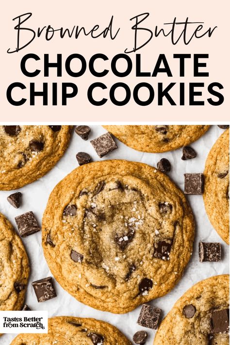 Just made the ultimate Browned Butter Chocolate Chip Cookies! They're everything you want in a cookie: crispy edges, soft and chewy centers, and a rich caramel flavor thanks to the browned butter. Sprinkled with sea salt for that perfect finish. Trust me, this easy recipe makes the best cookies you'll ever taste! via @betrfromscratch Cookie Thins Recipe, Browned Butter Chocolate Chip Cookies, Salted Chocolate Chip Cookies, Brown Butter Cookies, Gooey Chocolate Chip Cookies, Brown Butter Chocolate Chip Cookies, Caramel Chocolate Chip Cookies, Perfect Sugar Cookies, Tastes Better From Scratch