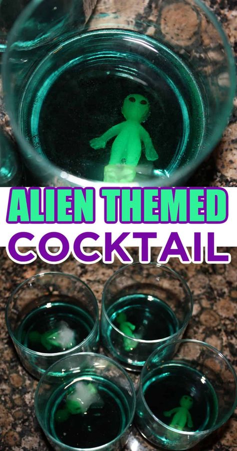 Alien Alcoholic Drinks, Sci Fi Party Ideas, Et Themed Party, Space Party Drinks, Alien Theme Party Food, Alien Cocktails, Alien Themed Food, Alien Desserts, Alien Bachelorette Party