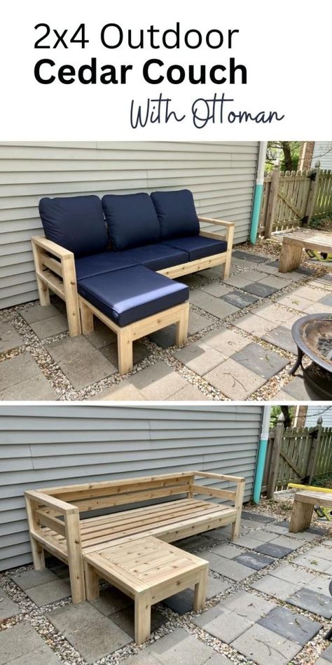 Patio Couch Diy, Outdoor Couch Diy, Outdoor Sofa Diy, Cabin Porch, Outdoor Furniture Diy Easy, Couch With Ottoman, Diy Porch, Porch Furniture, Outdoor Furniture Plans