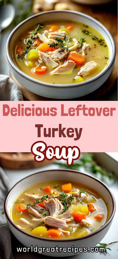 Looking for a tasty way to use leftover turkey? Try this delicious turkey soup recipe that’s perfect for the whole family! With savory broth, shredded turkey, and a mix of vegetables, this dish is the ultimate comfort food. It’s easy to make, filling, and packed with flavor, making it the perfect way to enjoy your leftover turkey after a big feast. Reheat, enjoy, and savor each bite! Pioneer Woman Leftover Turkey Soup, Leftover Thanksgiving Soup Recipes, Leftover Shredded Turkey Recipes, Uses For Leftover Turkey, Turkey Leftovers Soup, Leftover Turkey Soup Recipes Easy, Soup With Leftover Turkey, Turkey Broth Soup Recipes, Turkey Soup Recipes Leftover