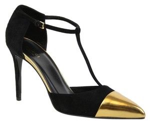 Gucci 356378 Colorblock Cap Toe High Heel Black/Gold Pumps T Strap Heels, Gold Pumps, Black High Heels, Gucci Black, Gold Leather, T Strap, Black Pumps, Suede Heels, Pump Shoes