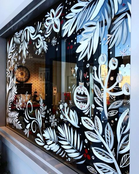 Sunny Street, Painted Window Art, Window Paint, Christmas Shop Window, Holiday Window Display, Window Mural, Christmas Window Painting, Window Illustration, Christmas Window Display