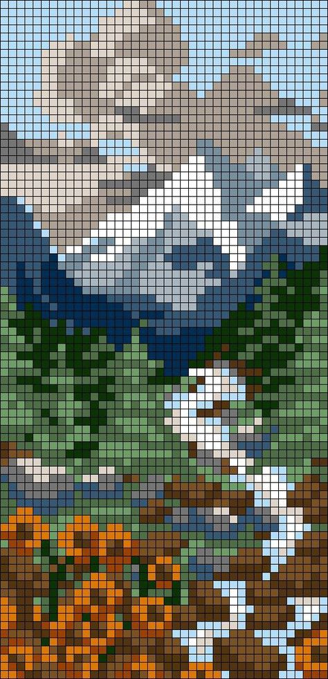 Desert Alpha Pattern, Scenery Alpha Pattern, 2 Colour Pixel Art, Crochet Tapestries Pattern, Alpha Pattern Mountain, C2c Pixel Crochet, Nature Perler Bead Patterns, Perler Bead Landscape, Crochet Tapestry Grid Pattern