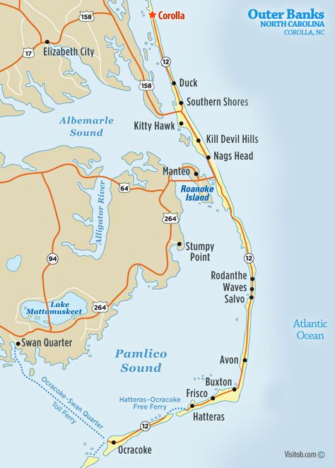 Outer Banks Map, Dream Roadtrip, Map Of North Carolina, Outer Banks North Carolina Vacation, Kitty Hawk North Carolina, Nc Lighthouses, Corolla Outer Banks, North Caroline, Nc Map