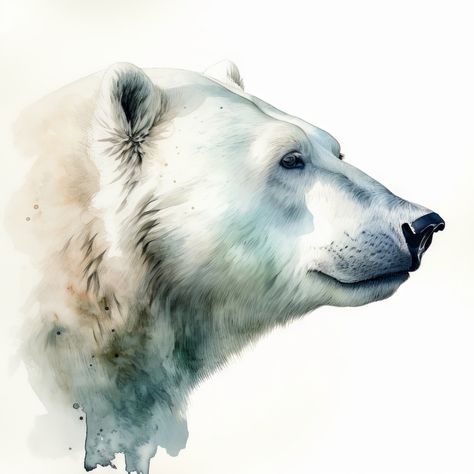 Polar Bear Watercolor Paintings, Polar Bear Drawing Realistic, Watercolor Polar Bear, Head Side View Drawing, Polar Bear Sketch, Head Side View, Polar Bear Watercolor, Polar Bear Painting, Watercolour Bear