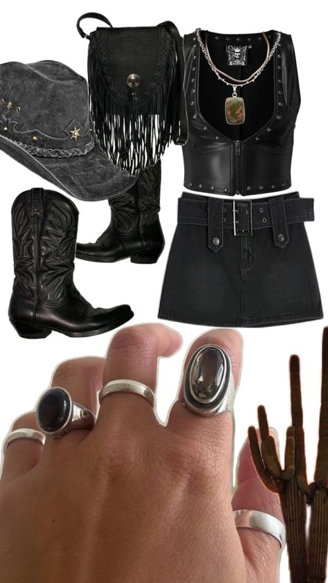 Western Gothic outfit collage with black cowboy boots, a leather vest, a fringed bag, and a gray cowboy hat. The foreground features a hand wearing silver statement rings, including one with a smoky quartz stone. A cactus is in the background for a desert vibe. Western Outfits With Black Boots, Western Gothic Outfit, Gothic Western Fashion, Dark Western Outfits, Goth Western Aesthetic, Goth Cowgirl Aesthetic, Goth Cowgirl Outfit, Grunge Cowgirl Outfits, Southern Gothic Outfits