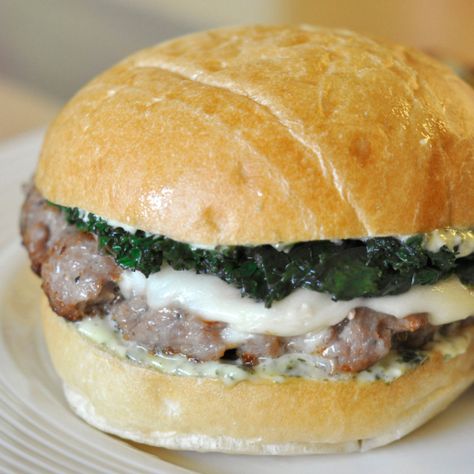 Recipe­—Italian Sausage Burgers with Garlicky Greens Italian Sausage Patty Melt, Italian Sausage Lunch Recipes, Sausage Patty Sandwich Recipes, Italian Sausage Patties Recipes, Italian Sausage Burgers, Recipe Italian Sausage, Sausage Sandwich Recipes, Homemade Beef Burgers, Blackstone Cooking