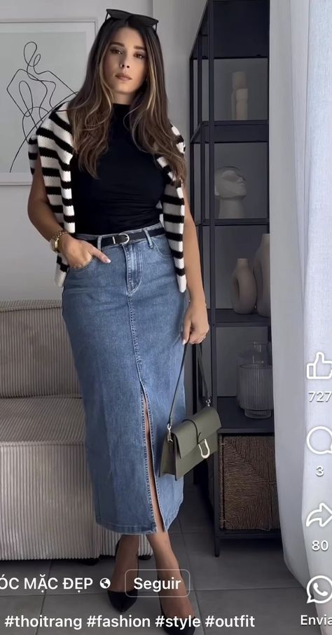 Long Denim Skirt Outfit Classy, Long Denim Skirt Outfits, Skirt Outfits For Women, Casual Bar Outfits, Long Denim Skirt Outfit, Jean Skirt Fashion, Fashion Dresses For Women, Jean Skirt Outfits, Best Winter Outfits