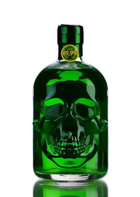 Skull shaped bottle of Absinthe - Skullspiration.com - skull designs, art, fashion and more Green Fairy, Alcohol Bottles, Green Bottle, A Skull, Absinthe, Liquor Bottles, Bourbon Whiskey, Skull And Bones, Bottle Design