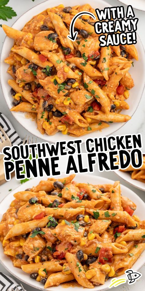 Your family will devour this 35-minute Southwest Chicken Pasta! Tasty and hearty chicken and penne in a creamy sauce with Tex-mex seasonings. Chicken Alfreado, Chicken Penne Alfredo, Southwest Chicken Pasta, Chicken Penne Recipes, Penne Alfredo, Chicken Penne Pasta, Penne Recipes, Penne Pasta Recipes, Chicken Penne