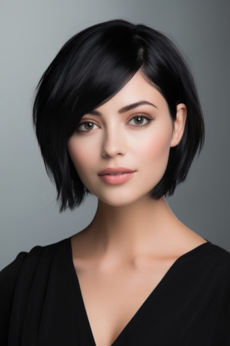 For a sophisticated look try out a high shine bixie in jet black. The deep black color adds dimension to your hair while the glossy finish gives off an air of luxury. Click here to check out more trending bixie haircut ideas for 2023. High Back Bob Haircut, Shattered Lob Haircut, Short Hair Styles Black Hair, Is Short Hair Right For Me, Long Pixie With Curtain Bangs, Chin Length Bob Plus Size, Unique Bob Haircut, Black Hair Color Short, Bob Haircut Dark Hair