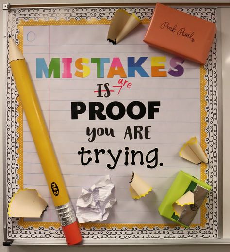 School Bulliten Boards Elementary, Mailbox Bulletin Board, Notebook Bulletin Board, Fun Bulletin Board Ideas Middle School, Board School Ideas, Mistakes Are Proof That You Are Trying Bulletin Board, Secondary Bulletin Board Ideas, Mistakes Bulletin Board, Create Bulletin Board