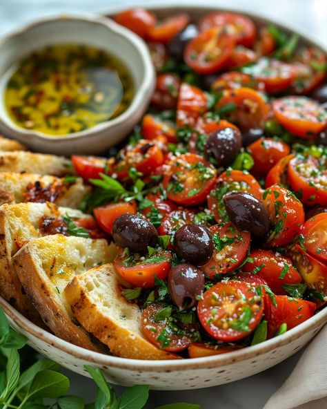 Mediterranean Tomato & Olive Salad🍅🫒 Bring the Mediterranean to your kitchen this lunchtime☀️ Follow @plantiful.palate for more recipes🗒️ Recipe: Ingredients: - 600g cherry tomatoes, halved - 150g Kalamata olives, pitted - A handful of fresh basil leaves, torn - A handful of fresh parsley, chopped - 1 small red onion, thinly sliced - 4 tbsp extra virgin olive oil - 2 tbsp balsamic vinegar - 1 clove garlic, minced - Salt and freshly ground black pepper, to taste - 4 thick slices of sourdoug... Mediterranean Tomato, Clean Dinner, Chicken Breakfast, Dinner Snacks, Olive Salad, Juicy Tomatoes, Mediterranean Diet Recipes, Easy Delicious Recipes, Recipes For Beginners