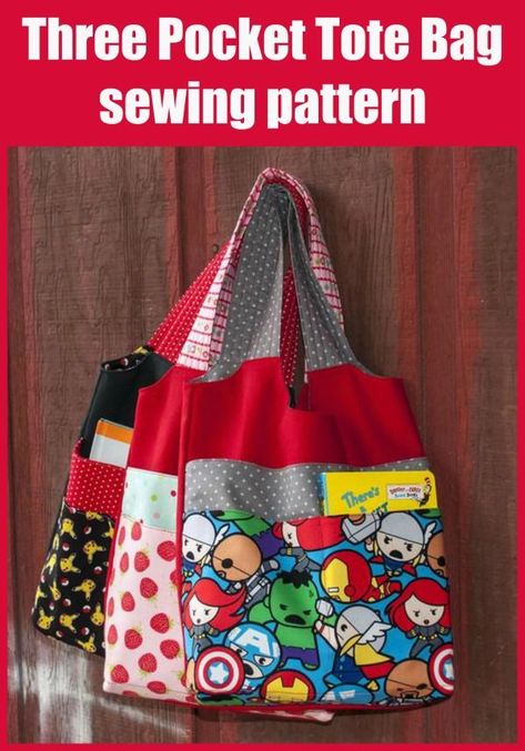 Three Pocket Tote Bag sewing pattern. This is a great-looking bag, which as the name suggests has three pockets. The examples shown have mainly been made for children but adults can use this bag as well. Easy kids tote bag to sew. Book bag to sew for kids. Small tote bag sewing pattern with pockets. Kids Bags To Sew, Book Bag Pattern, Small Tote Bag Pattern, Toddler Tote Bag, Sewing Totes, Library Bags, Tote Bag Sewing Pattern, Book Bags For Kids, Tote Bag Sewing