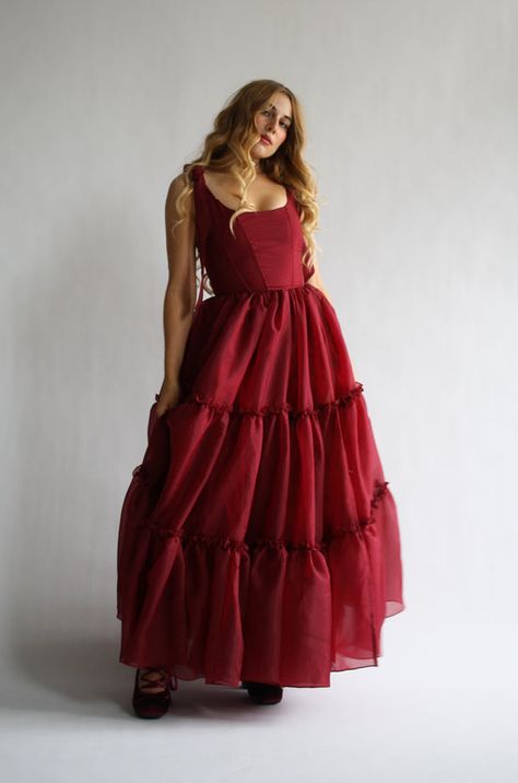 The Siena Collection – wildroseandsparrow Red Formal Dress With Sleeves, Red Whimsical Dress, Red Flowing Dress, Flattering Dresses For Curvy Women, Red Fantasy Dress, 3 Tier Dress, Scarlet Red Dress, Red Bridesmaid Dress, Red Corset Dress