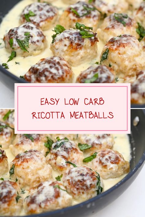 This pin features easy low carb ricotta meatballs, showcasing meatballs being added to a skillet and beautifully cooked ricotta meatballs to inspire yummy meal ideas. Slow Cooker Keto Meatballs, Easy Meal Prep Meatballs, Keto Cheese Stuffed Meatballs, Keto Recipes Meatballs, Meatball Recipes Keto Low Carb, Keto Meatball Bake, Meatballs Made With Ricotta Cheese, Low Carb Frozen Meatball Recipes, Keto Ricotta Cheese Recipes