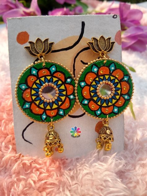 Handmade products made with acrylic color on MDF base of Madla design concept... Hand Painted Earrings Indian, Kanha Drawing, Navratri 2023, Hand Painted Jewellery, Diy Crafts Earrings, Painted Jewellery, Painted Necklace, Mandala Inspiration, Silk Thread Earrings