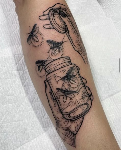 Tattoo Firefly, Mason Jar Tattoo, Patch Work Sleeve, Literature Tattoos, Flower Ankle Tattoo, Catching Lightning, Botanical Sleeve, Blackberry Tattoo, Jar Tattoo