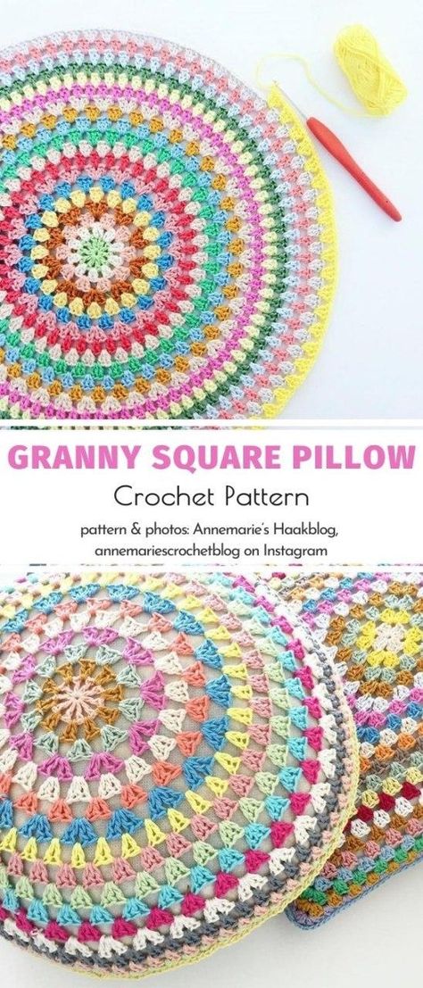 Granny makes the world go round and this project by Annemarie’s Haakblog certainly proves that! If you want to make the good old sofa pop, a set of colorful crochet pillow is just the thing for you. Can you believe that even beginners can easily learn how to make one?  #crochetpattern #grannystitch #pillow Circular Pillow Crochet Pattern Free, Granny Square Cushion Cover Free Pattern, Round Crochet Pillow Patterns, 12x12 Crochet Pillow Pattern Free, Crochet Pillow Cover Granny Square, Granny Square Pillow Pattern Free, Crochet Square Pillow, Granny Square Pillow Cover, Crochet Granny Square Pillow