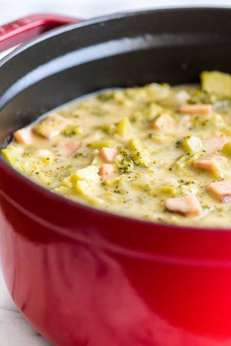 Sharp Cheddar Broccoli and Ham Chowder Broccoli Soup Crockpot, Broccoli Chowder, Ham Chowder, Ham Soup Recipes, Cheddar Broccoli, Homemade Ham, Ham And Potato Soup, Chicken Tacos Easy, Ham Potato