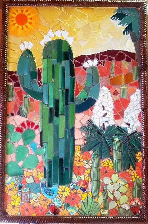 Mexican Mural Art, Desert Mosaic, Mosaic Cactus, Vitromosaico Ideas, Smalti Mosaic, Accent Wall Mural, Cacti Art, Broken China Crafts, Mosaic Tutorial