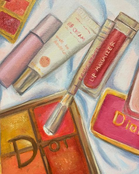 ‘Rituals’ Oil on canvas, 21x25 cm . . . . . . . . . . . tags: #girlhood #girlpainting #makeup #aesthetic #makeupproducts #painting #oilpainting #girlhoodaesthetic #mascara #dior @dior #lipstick #stilllife #stilllifepainting #flatlay #flatlaypainting Oil Painting Makeup, Girlhood Painting, Still Life Makeup, Mascara Dior, Dior Lipstick, Makeup Aesthetic, Painting Of Girl, Ap Art, Still Life Painting