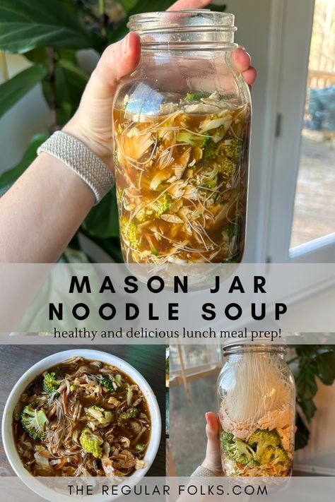 Mason Jar Instant Noodle Soup (Easy, Healthy Meal Prep!) - The Regular Folks Jar Noodle Soup, Soup Easy Healthy, Mason Jar Soup, Mason Jar Meal Prep, Mason Jar Lunch, Easy Healthy Meal, Jar Meals, Rice Noodle Soups, Soup In A Jar