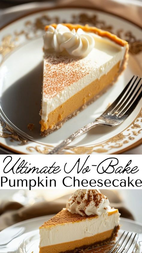 Savor No-Bake Pumpkin Cheesecake Delight, a luscious dessert with layers of spiced pumpkin and creamy cheesecake on a buttery crust. Ideal for fall recipes, it’s a hassle-free dessert that’s perfect for holiday gatherings or a quick autumn treat. No Bake Pumpkin Cheesecake Delight, Easy No Bake Pumpkin Cheesecake, Cheesecake Delight, Layered Pumpkin Cheesecake, No Bake Pumpkin, Bake Pumpkin, No Bake Pumpkin Cheesecake, Pumpkin Cheesecake Recipes, Spiced Pumpkin